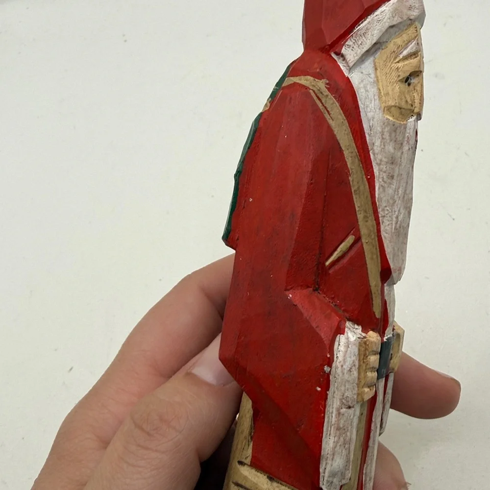 Vintage Carved Painted Wooden Santa Claus Figurine Decor Collectible Folk Art